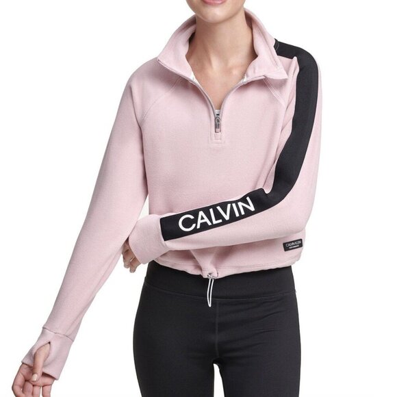 CALVIN KLEIN PERFORMANCE Half Zip Logo Top Purple Fleece 1/2 Zip Crop Sweatshirt - Picture 3 of 15
